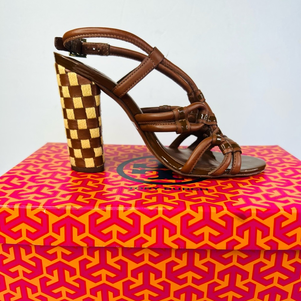 Tory Burch LAYCE Almond Woven Canvas Leather Heel Sandals - Size 6.5 - Picture 3 of 7